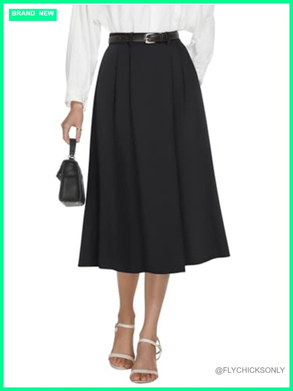 High Waisted Midi Skirt with Pockets A-Line Pleated Business Skirt